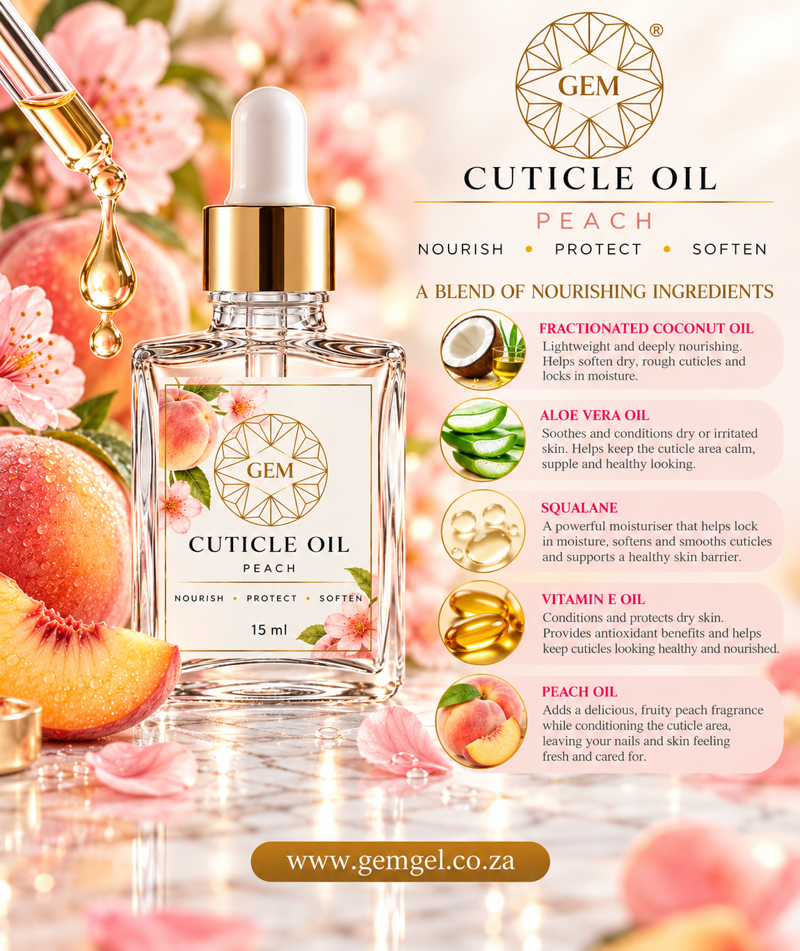 GEM Cuticle Oil – Peach 15ml - Image 2
